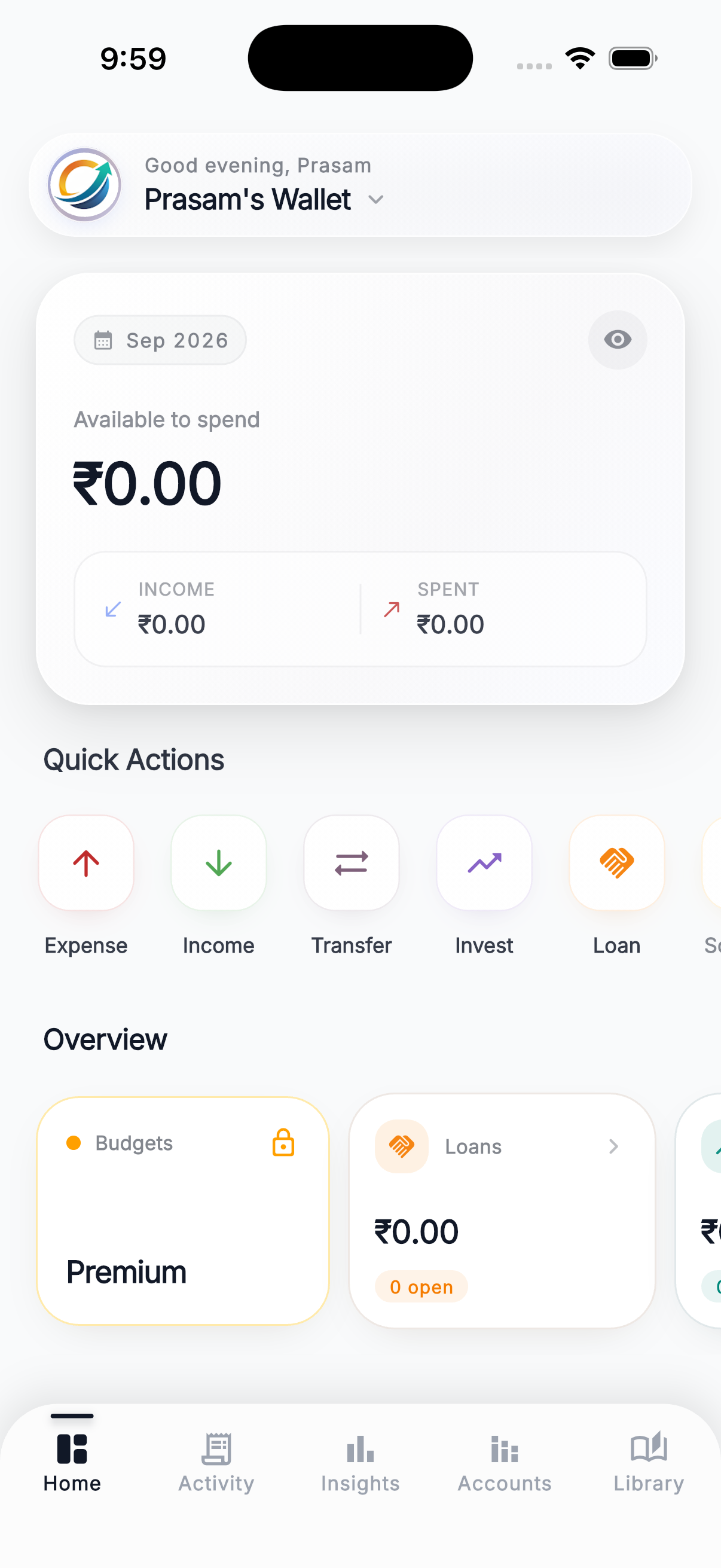 Latest Family Wallet dashboard on iPhone showing available spending, quick actions, budgets, and loans