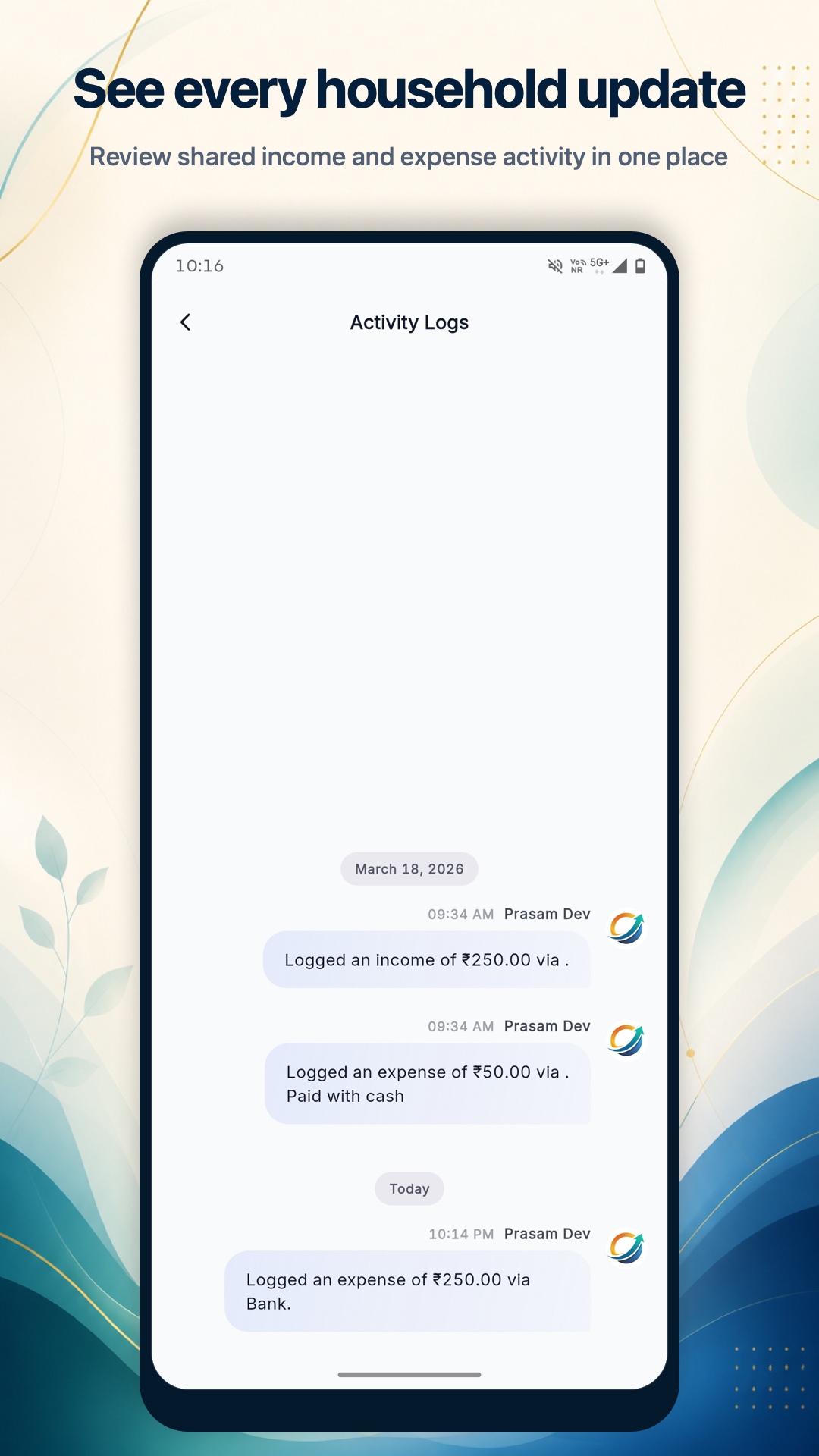 Family Wallet household activity screen