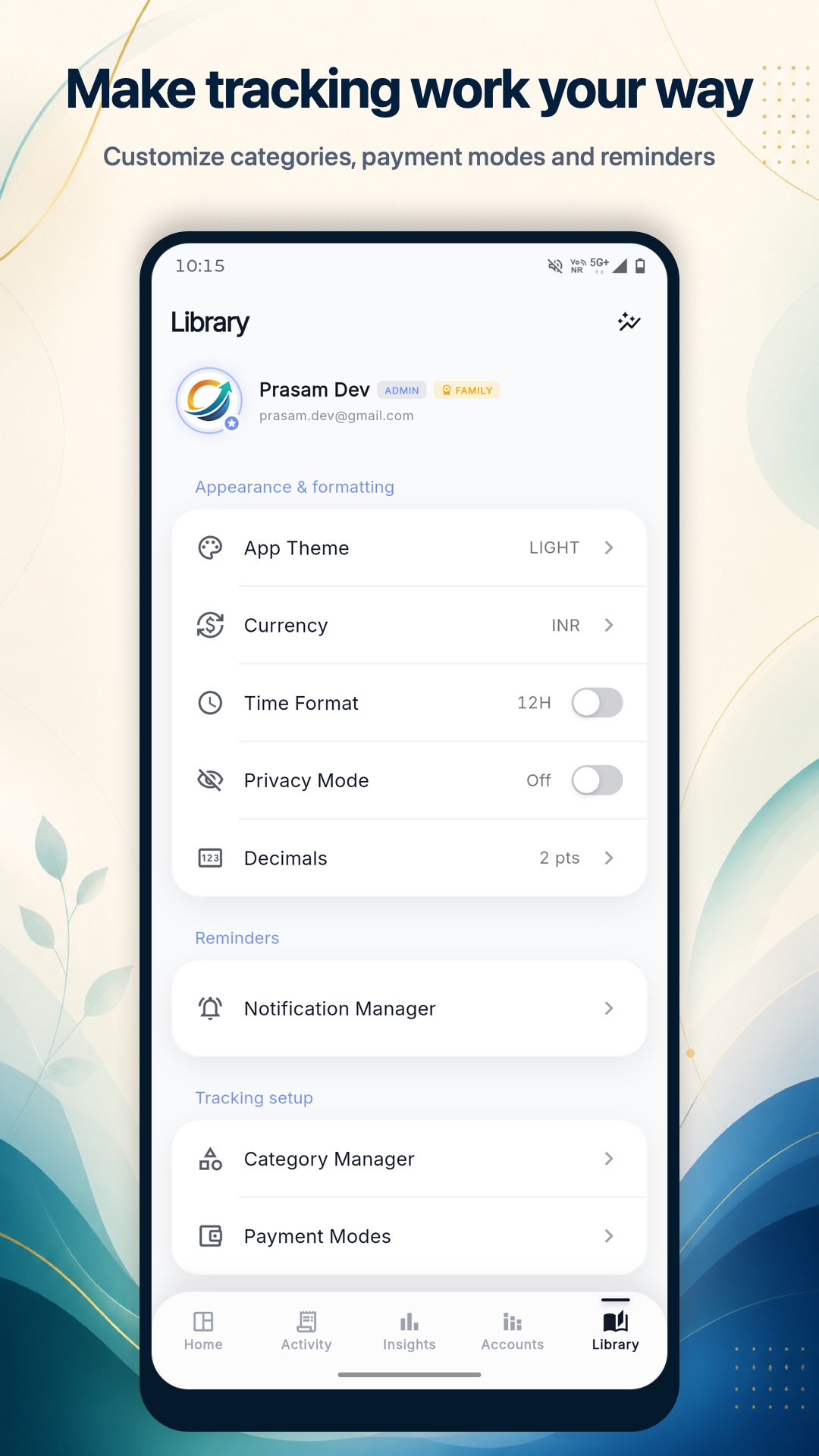 Family Wallet personalization screen